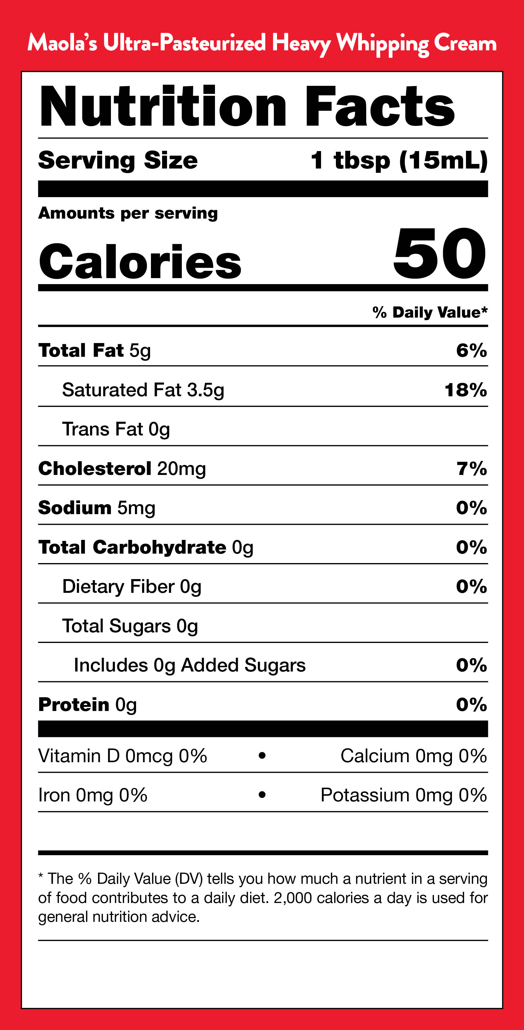 Great Value Heavy Whipping Cream Nutrition Label