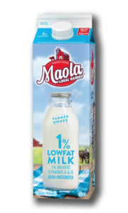 Maola Ultra-Pasteurized 1 Percent Lowfat Milk is available in quart cartons.