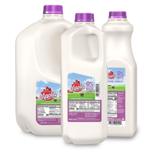 Maola Fat Free Milk is available in quart, 1/2 gallon, and gallon sizes.