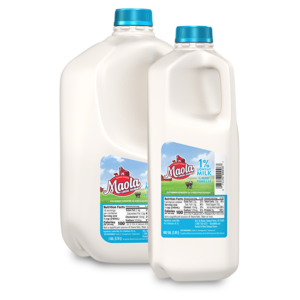 Maola 1% Lowfat Milk is available in 1/2 gallon and gallon sizes.