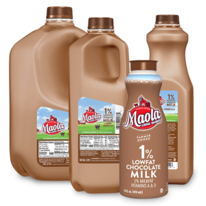 Maola 1% Lowfat Chocolate Milk is available in gallon, 1/2 gallon, quart, and 14 fl. oz. sizes.
