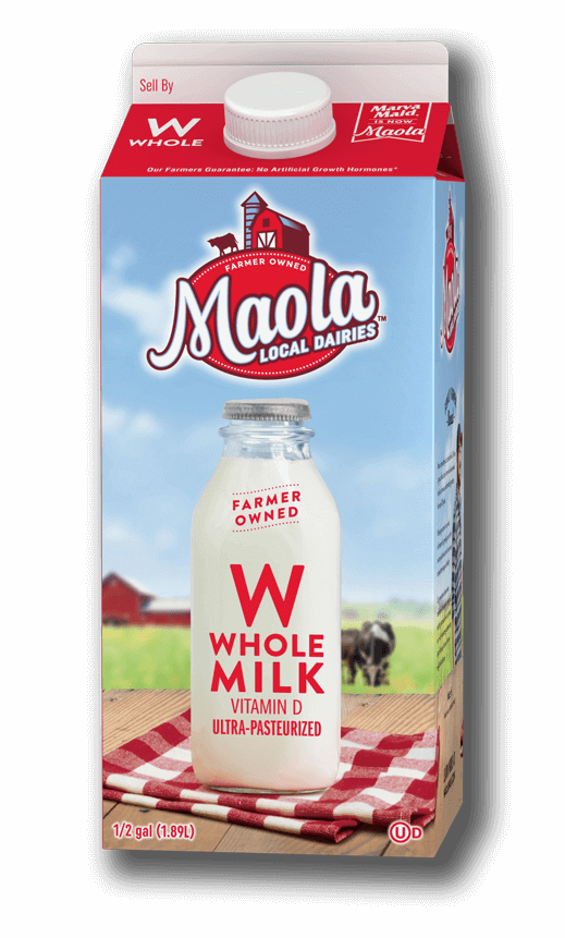 Maola Ultra-Pasteurized Whole Milk is available in 1/2 gallon cartons.