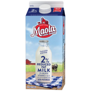 Maola Ultra-Pasteurized 2% Reduced Fat Milk is available in 1/2 gallon cartons.