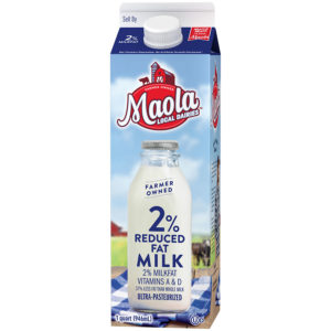 Maola Ultra-Pasteurized 2% Reduced Fat Milk is available in quart cartons.
