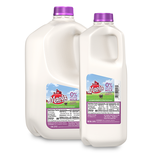 Maola Fat Free Milk is available in 1/2 gallon, and gallon sizes.