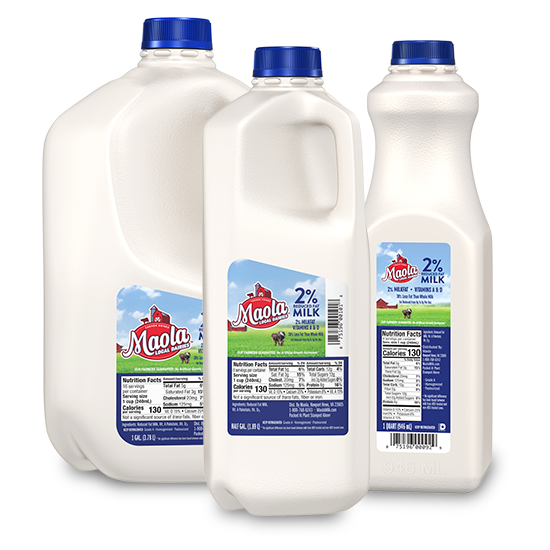 Maola 2% Milk is available in gallon, 1/2 gallon, and quart sizes.